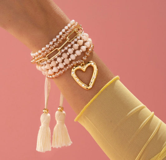 Pulsera Mostacilla Y Piedras Corazón + Aretes