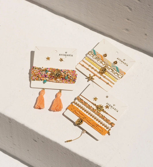 Pulsera Tejida Con Dije De Sol + Aretes