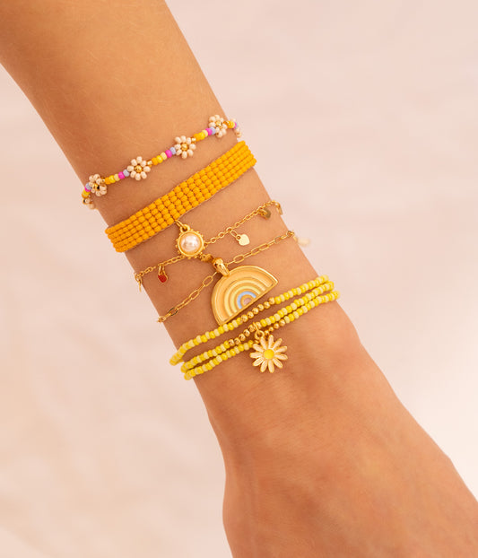 Set Pulsera Arcoiris + Aretes Flores